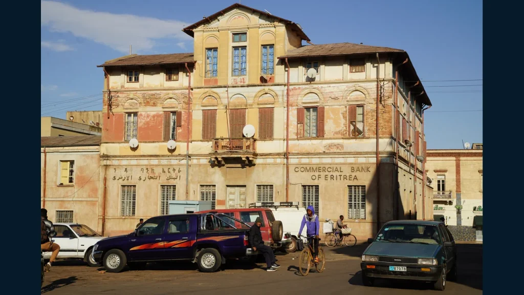 Commercial Bank of Eritrea building, Asmara. Archival photograph, 2024.
